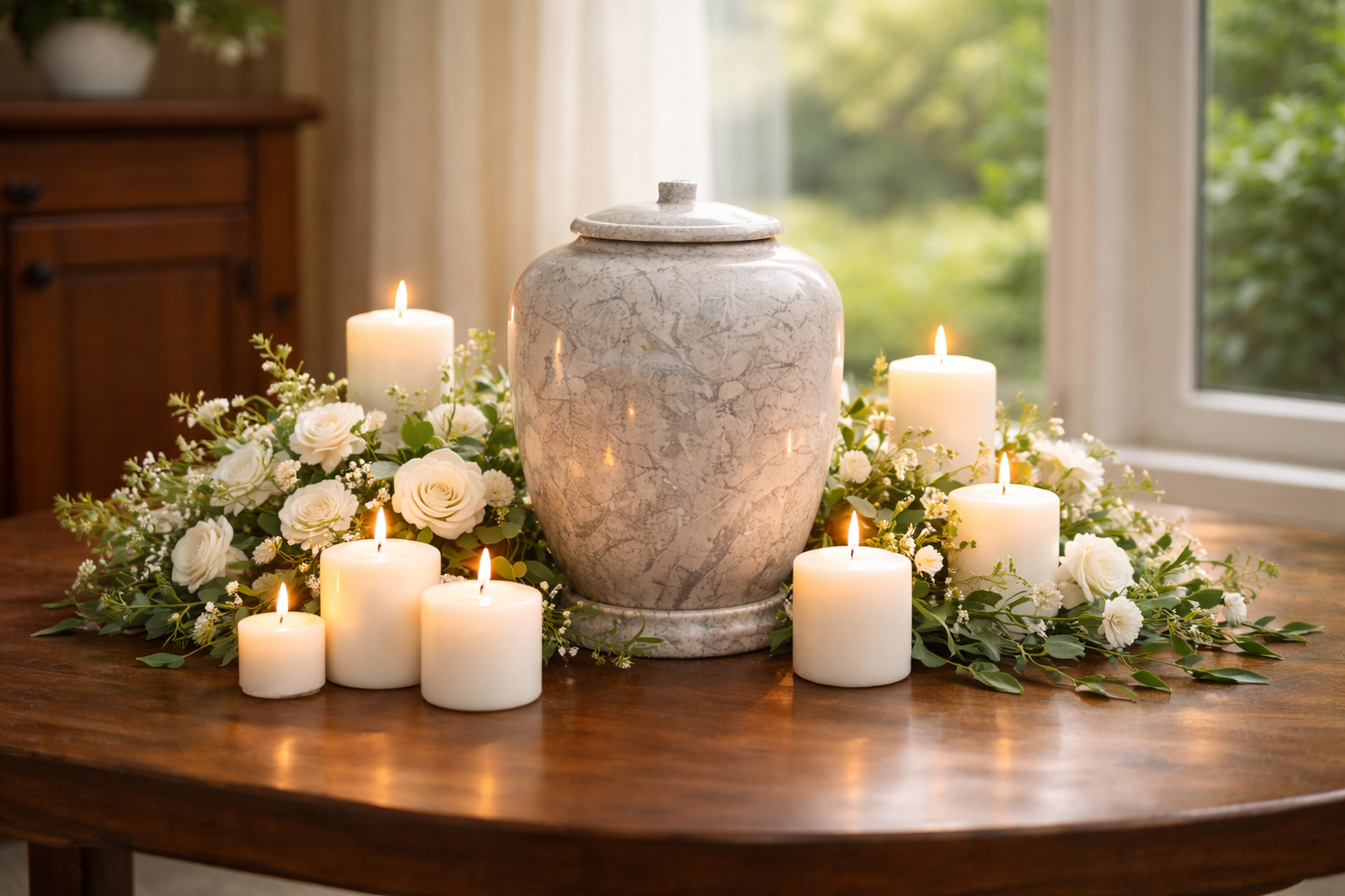 Serene marble urn with flowers and candles