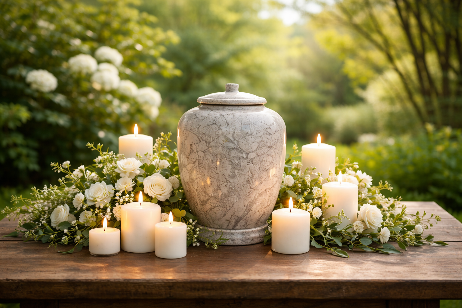 Serene marble urn with flowers and candles