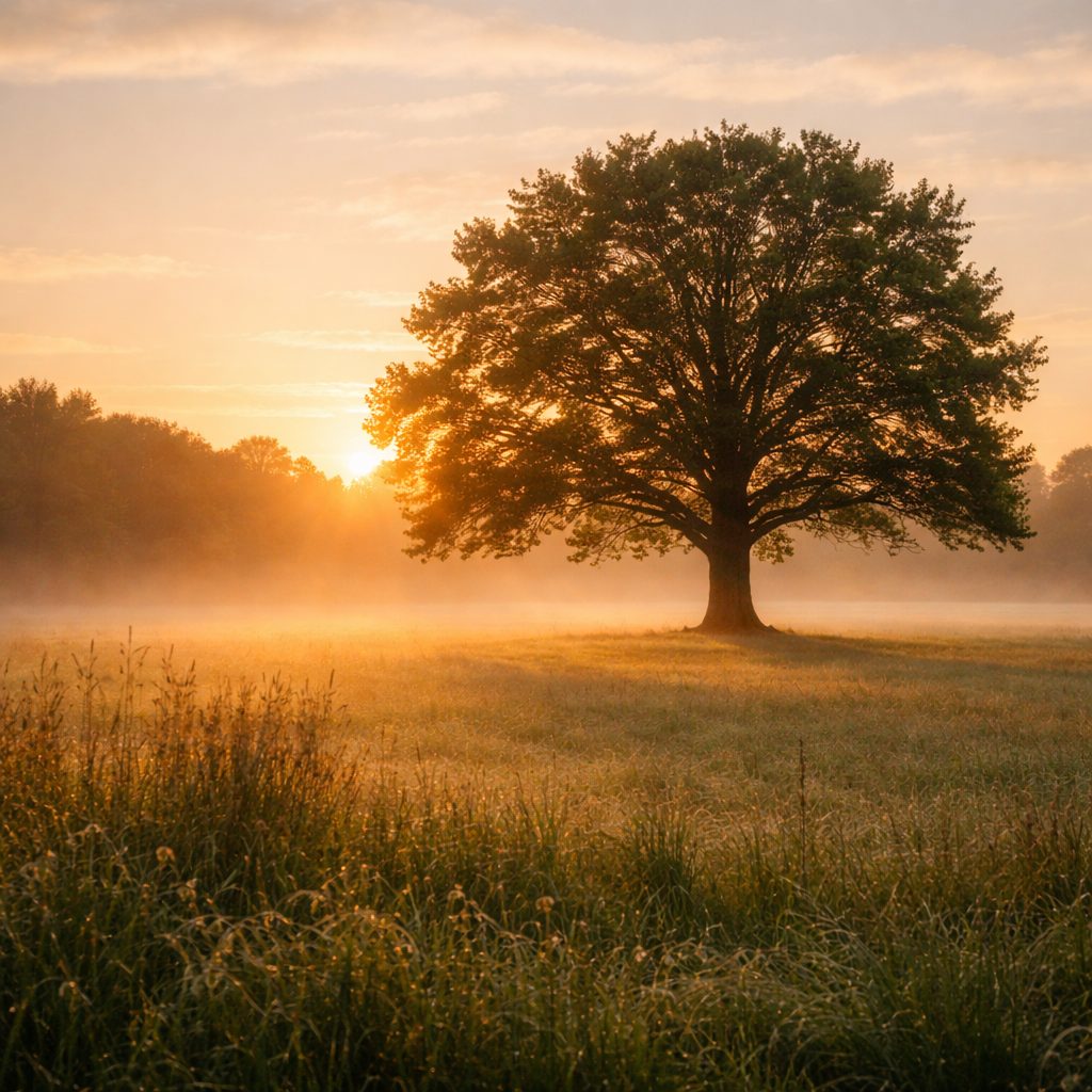 A tree in middle of a farm while the sun is setting in Schaumburg IL